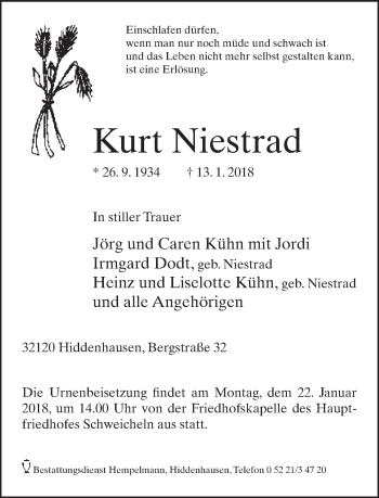 Traueranzeige von Kurt Niestrad von Neue Westfälische