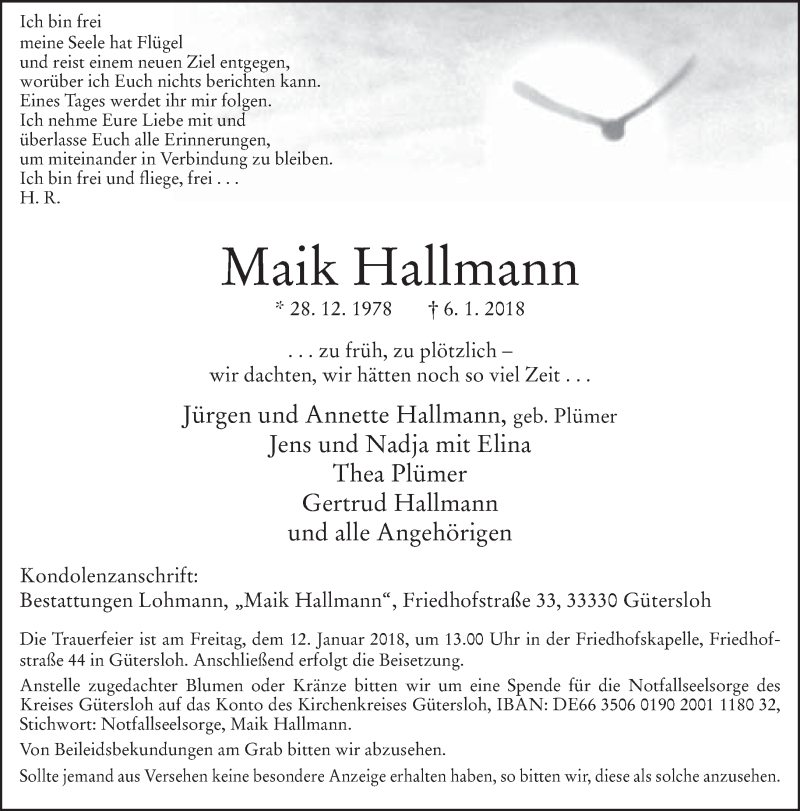  Traueranzeige für Maik Hallmann vom 10.01.2018 aus Neue Westfälische