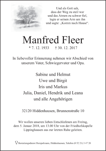 Traueranzeige von Manfred Fleer von Neue Westfälische