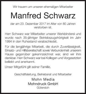 Traueranzeige von Manfred Schwarz von Neue Westfälische