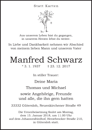 Traueranzeige von Manfred Schwarz von Neue Westfälische