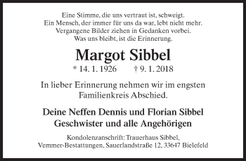Traueranzeige von Margot Sibbel von Neue Westfälische