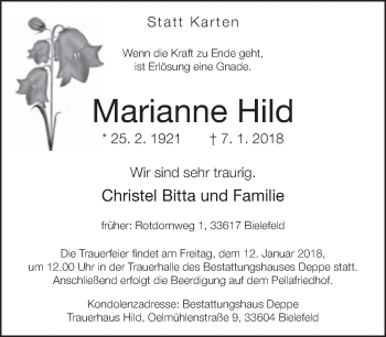 Traueranzeige von Marianne Hild von Neue Westfälische