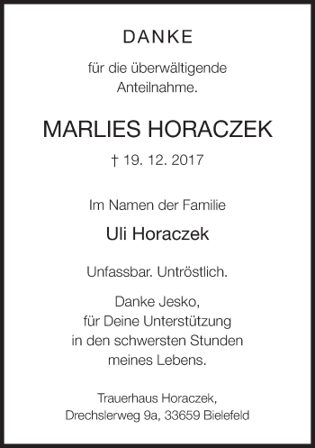 Traueranzeige von Marlies Horaczek von Neue Westfälische