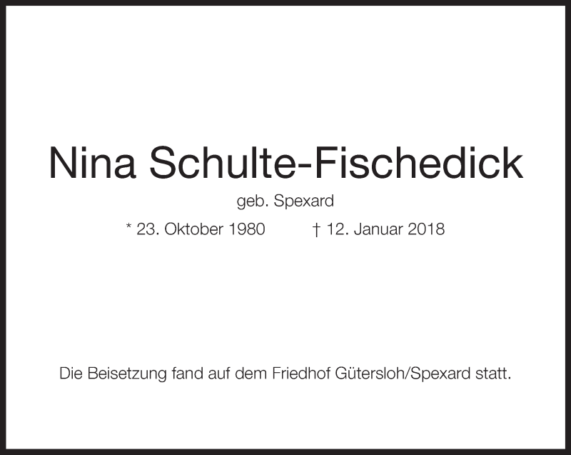  Traueranzeige für Nina Schulte-Fischedick vom 22.01.2018 aus Neue Westfälische
