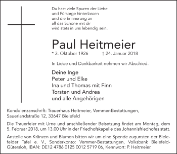 Traueranzeige von Paul Heitmeier von Neue Westfälische