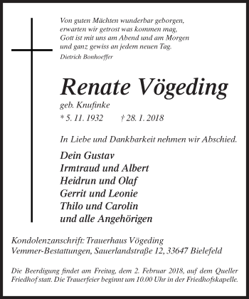 Traueranzeige von Renate Vögeding von Neue Westfälische