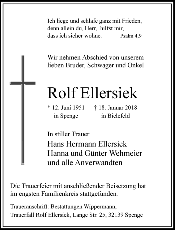 Traueranzeige von Rolf Ellersiek von Neue Westfälische