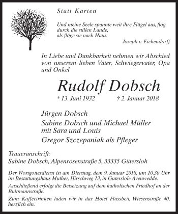 Traueranzeige von Rudolf Dobsch von Neue Westfälische