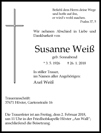 Traueranzeige von Susanne Weiß von Neue Westfälische