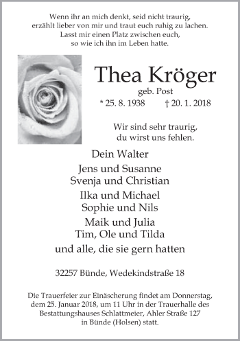 Traueranzeige von Thea Kröger von Neue Westfälische