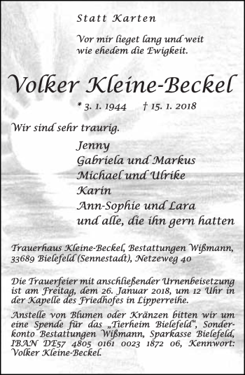 Traueranzeige von Volker Kleine-Beckel von Neue Westfälische