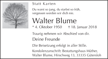 Traueranzeige von Walter Blume von Neue Westfälische
