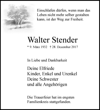 Traueranzeige von Walter Stender von Neue Westfälische