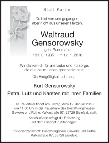 Traueranzeige von Waltraud Gensorowsky