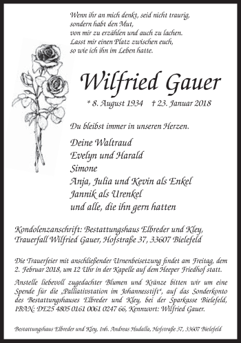 Traueranzeige von Wilfried Gauer von Neue Westfälische