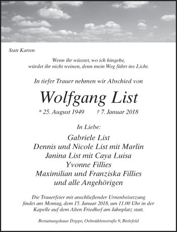 Traueranzeige von Wolfgang List von Neue Westfälische