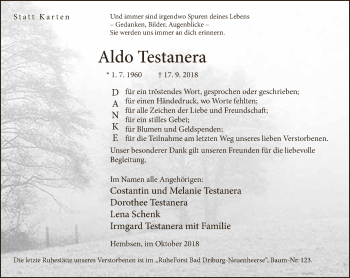 Traueranzeige von Aldo Testanera von Neue Westfälische