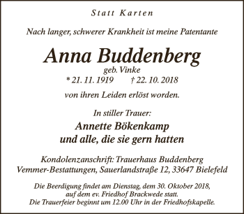 Traueranzeige von Anna Buddenberg von Neue Westfälische