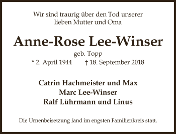 Traueranzeige von Anne-Rose Lee-Winser von Neue Westfälische