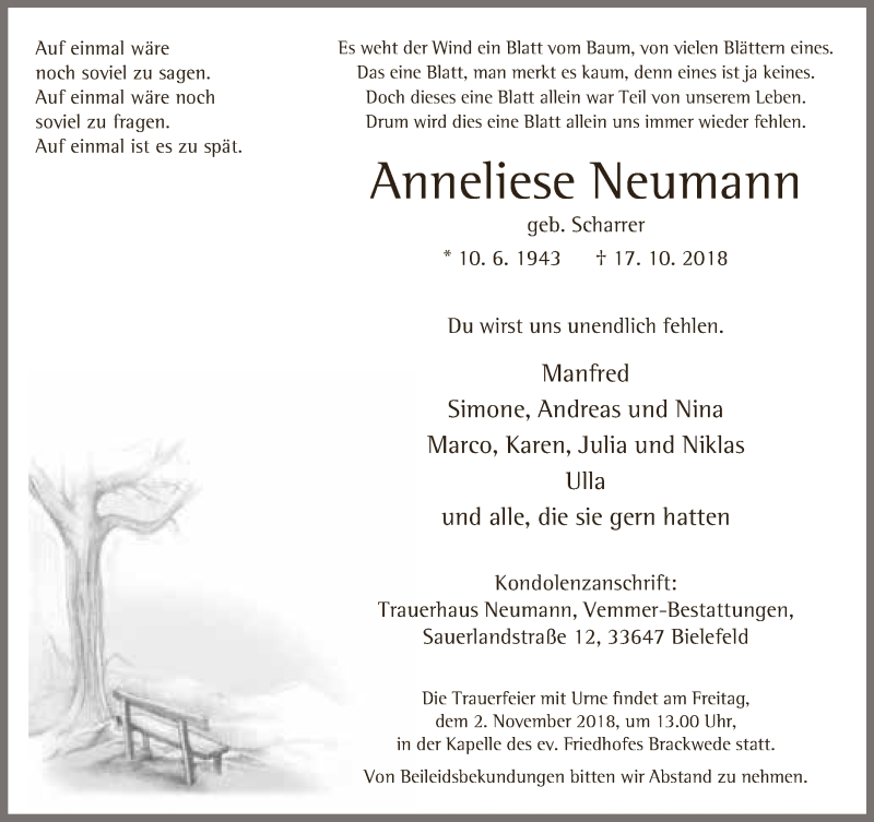  Traueranzeige für Anneliese Neumann vom 27.10.2018 aus Neue Westfälische