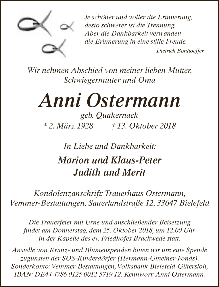  Traueranzeige für Anni Ostermann vom 20.10.2018 aus Neue Westfälische