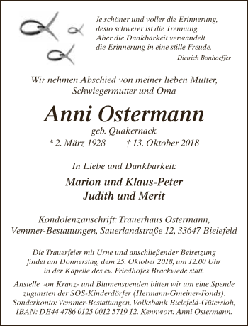 Traueranzeige von Anni Ostermann von Neue Westfälische