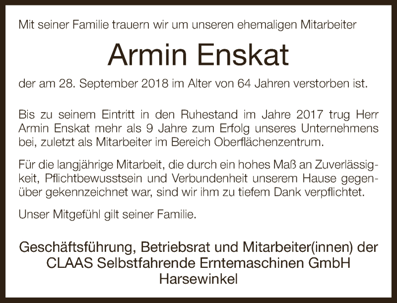  Traueranzeige für Armin Enskat vom 06.10.2018 aus Neue Westfälische