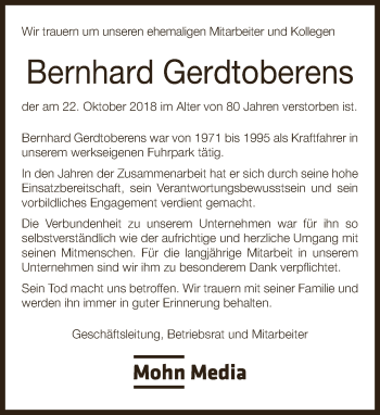 Traueranzeige von Bernhard Gerdtoberens von Neue Westfälische