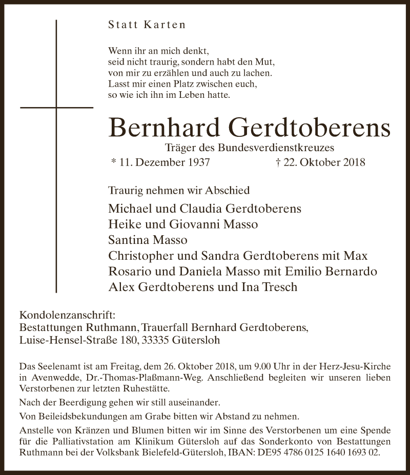  Traueranzeige für Bernhard Gerdtoberens vom 24.10.2018 aus Neue Westfälische