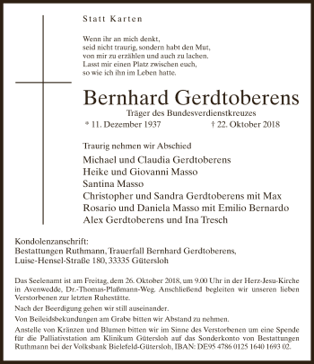 Traueranzeige von Bernhard Gerdtoberens von Neue Westfälische