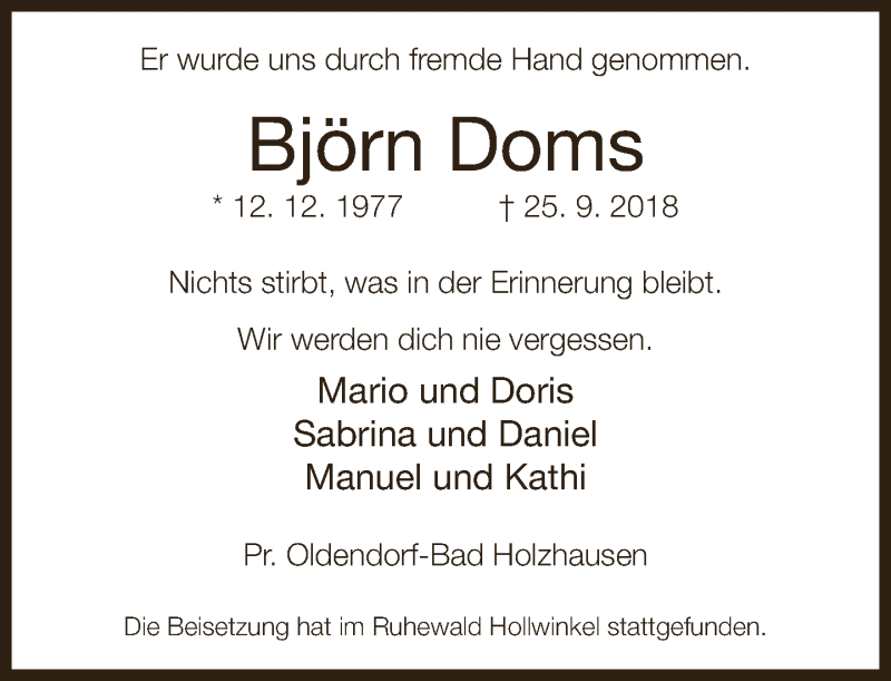  Traueranzeige für Björn Doms vom 10.10.2018 aus Neue Westfälische