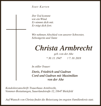 Traueranzeige von Christa Armbrecht von Neue Westfälische