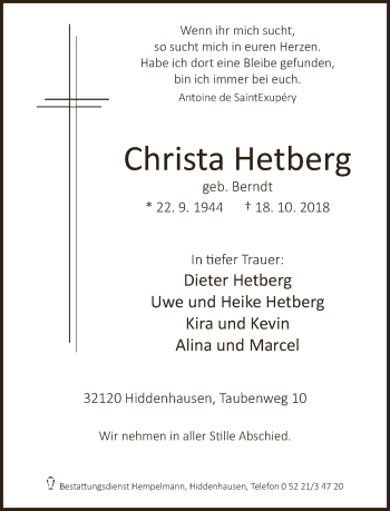 Traueranzeige von Christa Hetberg von Neue Westfälische
