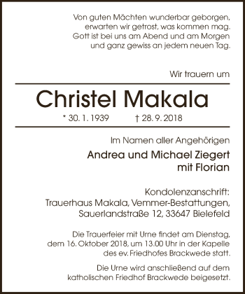 Traueranzeige von Christel Makala von Neue Westfälische