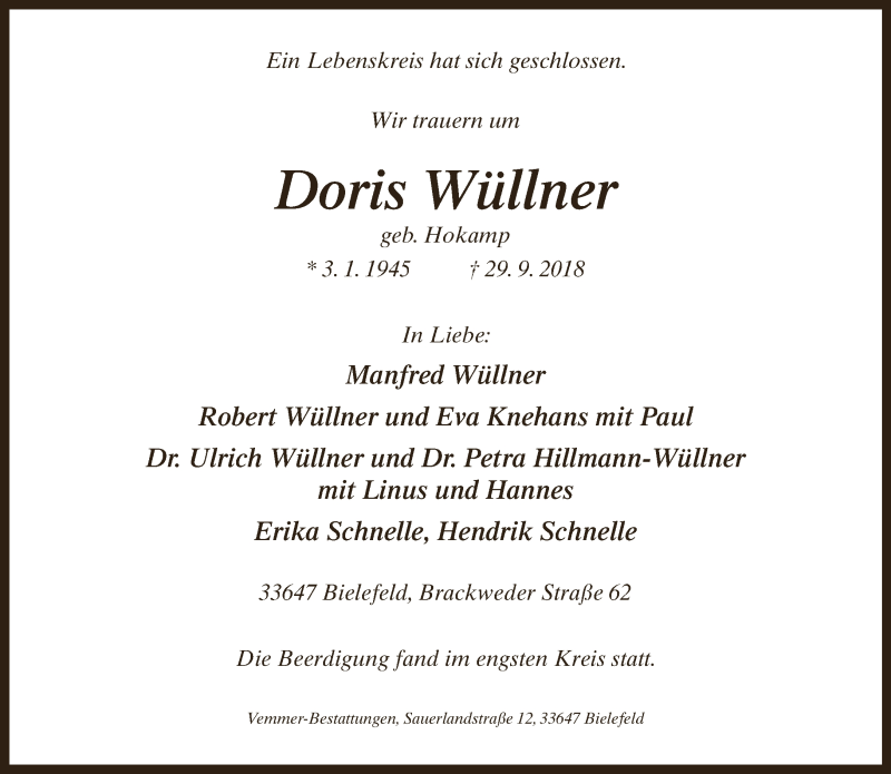  Traueranzeige für Doris Wüllner vom 06.10.2018 aus Neue Westfälische