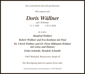 Traueranzeige von Doris Wüllner von Neue Westfälische
