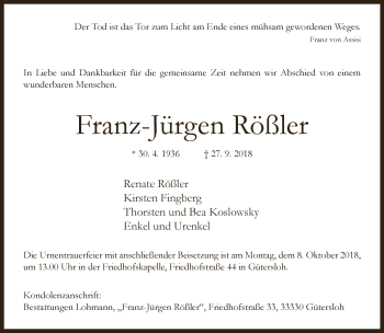 Traueranzeige von Franz-Jürgen Rößler von Neue Westfälische