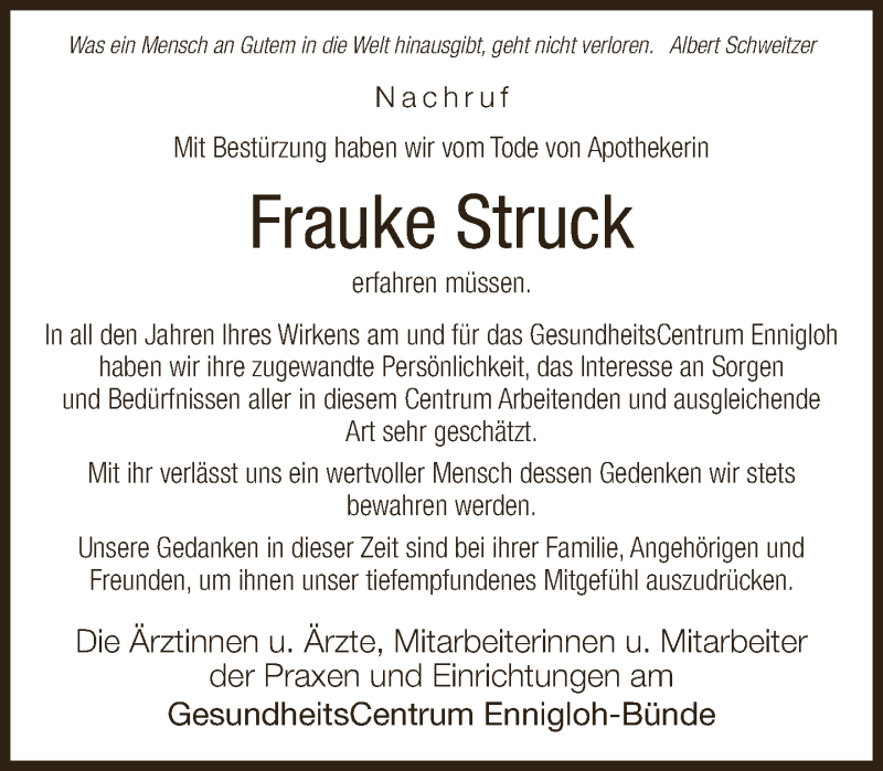  Traueranzeige für Frauke Struck vom 05.10.2018 aus Neue Westfälische