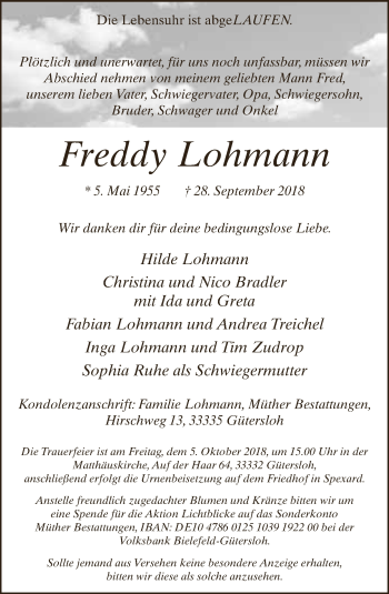 Traueranzeige von Freddy Lohmann von Neue Westfälische
