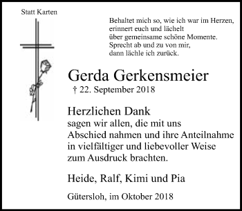 Traueranzeige von Gerda Gerkensmeier von Neue Westfälische