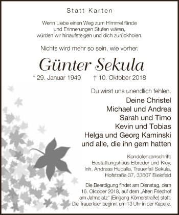 Traueranzeige von Günter Sekula von Neue Westfälische