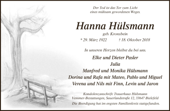 Traueranzeige von Hanna Hülsmann von Neue Westfälische