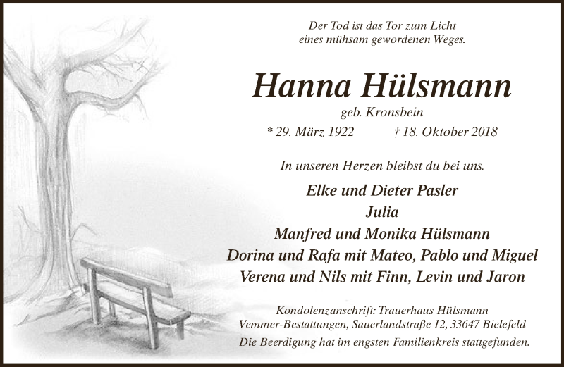  Traueranzeige für Hanna Hülsmann vom 27.10.2018 aus Neue Westfälische