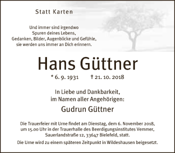 Traueranzeige von Hans Güttner von Neue Westfälische