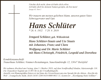 Traueranzeige von Hans Schlüter von Neue Westfälische