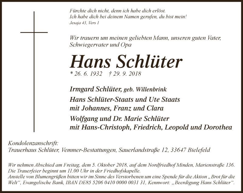 Traueranzeige für Hans Schlüter vom 03.10.2018 aus Neue Westfälische