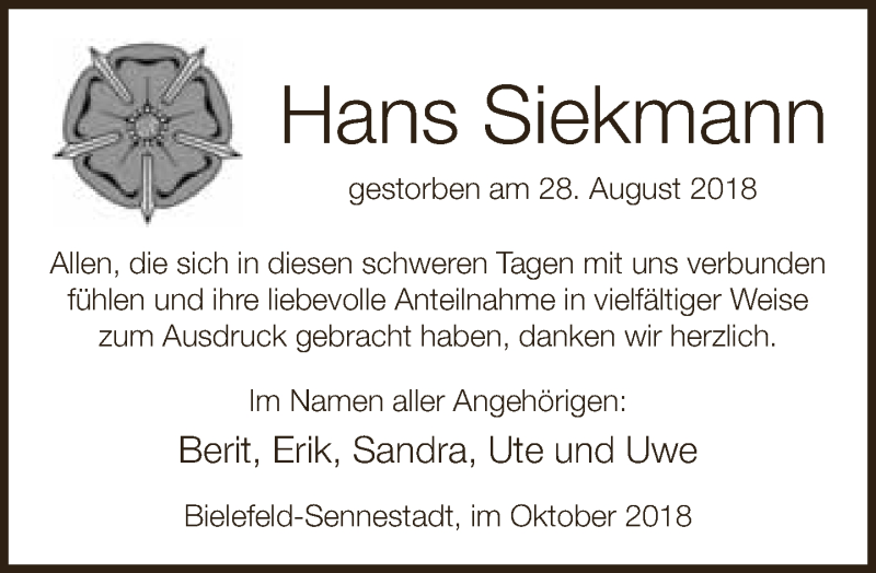  Traueranzeige für Hans Siekmann vom 06.10.2018 aus Neue Westfälische