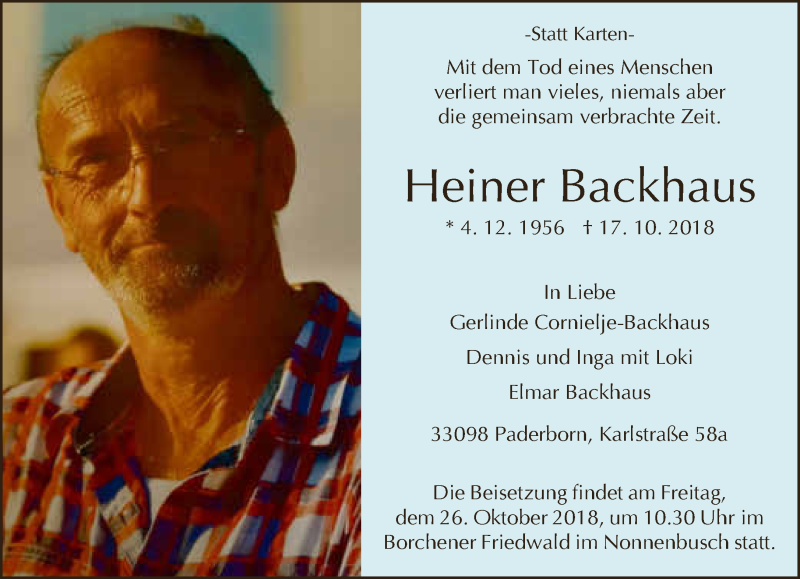  Traueranzeige für Heiner Backhaus vom 20.10.2018 aus Neue Westfälische