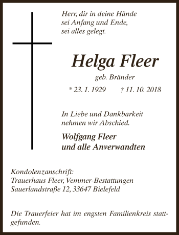 Traueranzeige von Helga Fleer von Neue Westfälische